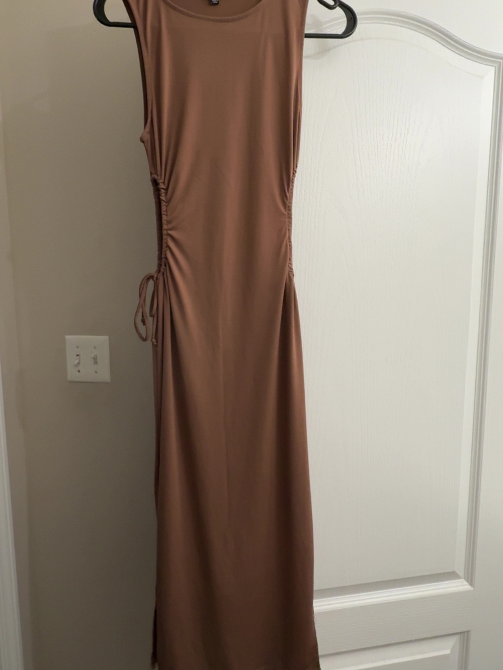 Ambiance Sleeveless Ruched-Side Maxi Dress in Tan Brown
